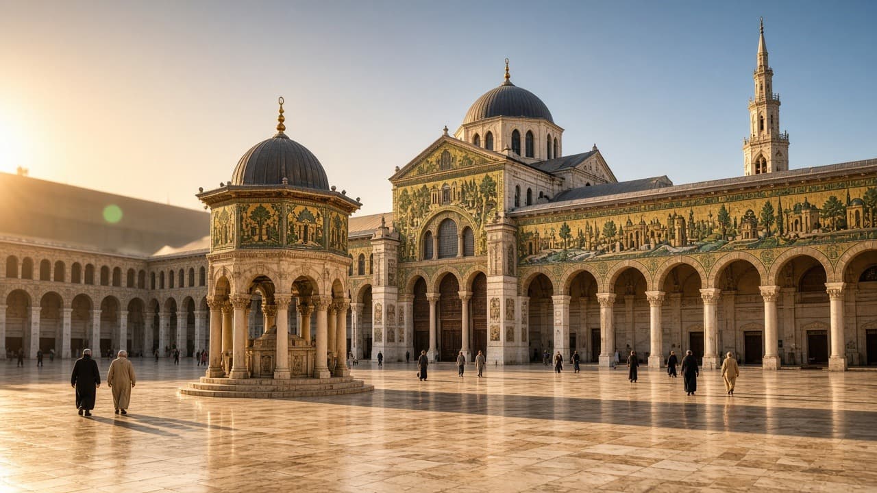 Courtyard of the Umayyad Mosque in old Damascus, where people sit after the walking day