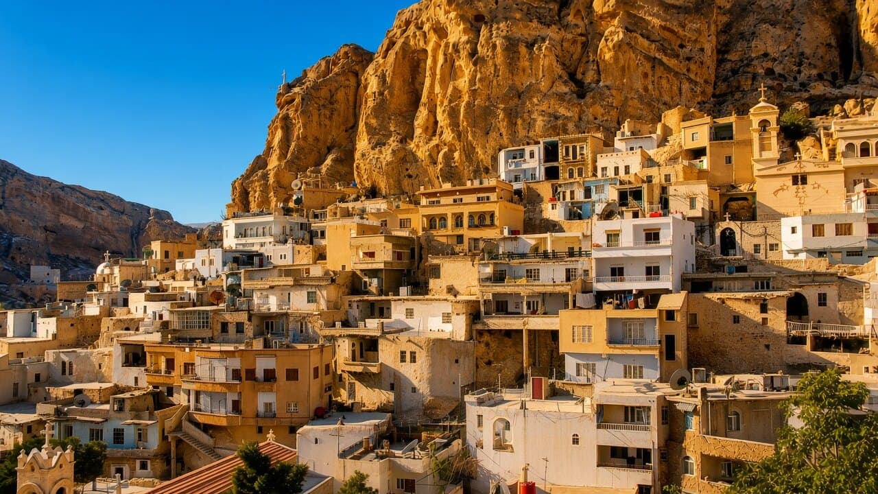 Houses of Maaloula stacked against the pale Qalamoun cliff