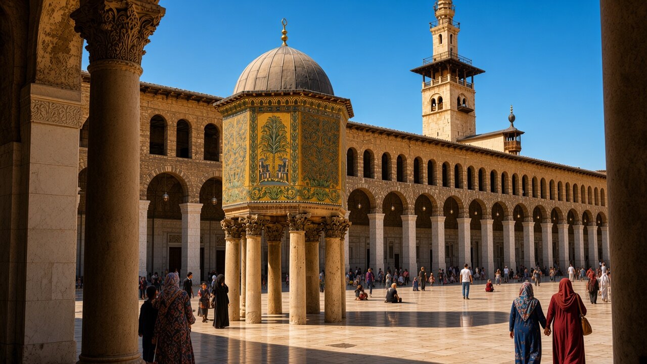 Courtyard of the Umayyad Mosque in old Damascus: the mosaic treasury on columns, the north arcade, and the Minaret of the Bride